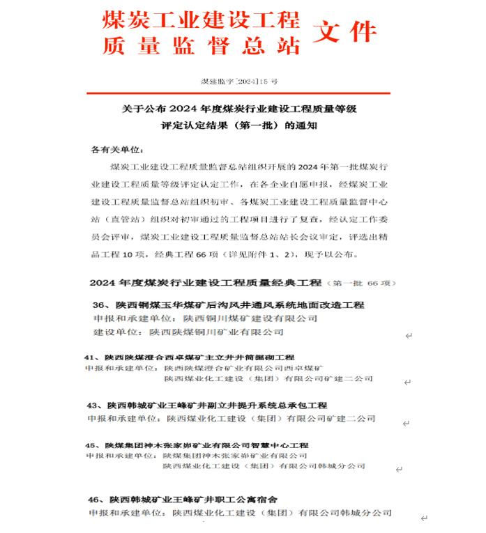 卓越“質”造！陜煤建設9項工程喜獲煤炭行業建設工程質量經典工程